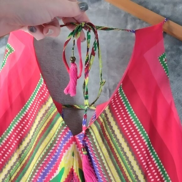 Rampage Womens Top M Pink Tribal Print Tassel Hem Sheer Festival Y2K Boho Layers - Picture 10 of 12